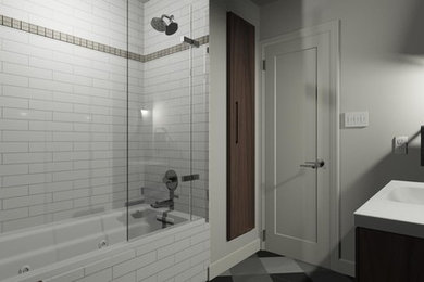 Inspiration for a mid-sized contemporary master bathroom in Toronto with shaker cabinets, brown cabinets, a drop-in tub, a shower/bathtub combo, a two-piece toilet, white tile, ceramic tile, grey walls, porcelain floors, an integrated sink, solid surface benchtops, grey floor and a hinged shower door.