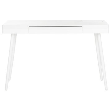 Retro Scandinavian Desk, Angled Legs With Lacquered Top & Spacious Drawer, White