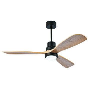 52" Modern LED Wooden Ceiling Fan, Black, 42.1x16.5", Light Wood Blades