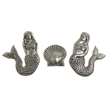 Pewter Mermaids and Scallop Seashell Magnets Set of 3