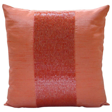 Beaded Orange Pillows Cover, Art Silk Throw Pillow Covers 12x12, Peachy Orange