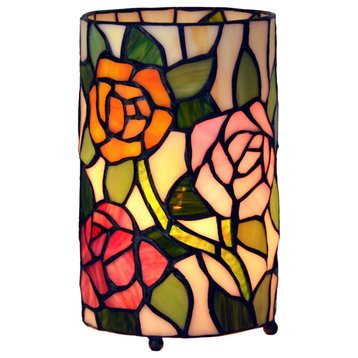 Stained Glass Handcrafted Round Desktop Rose Flower Night Light Table Lamp.