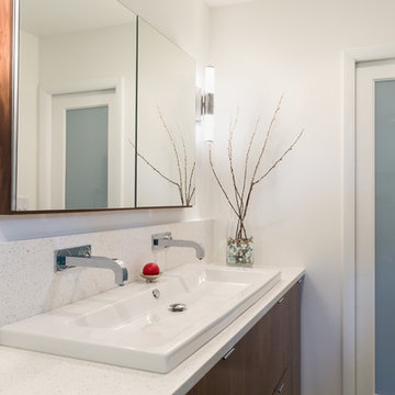 Custom Walnut Vanity with Washbasin and Quartz Counter