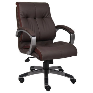 Modern Executive Office Chair, Plush Faux Leather Seat With Mid Backrest, Brown