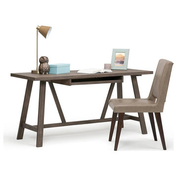 Modern Desk, Angled Legs and Rectangular Top With Slide Out Tray, Driftwood