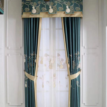 QYHL225S Silver Beach Embroidered Gourd Blue Faux Silk Custom Made Curtains