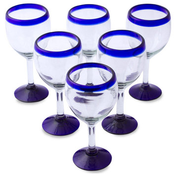 NOVICA Cobalt Contrasts And Blown Glass Wine Goblets  (Set Of 6)