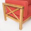 GDF Studio Brava Outdoor 4 Piece V-Shaped Acacia Wood Sectional Sofa Set, Red