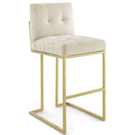 Lexmod - Privy Gold Stainless Steel Upholstered Fabric Bar Stool, Gold Beige - Maximize your dining room decor with Privy. A glam deco bar stool, Privy features soft and durable fabric upholstery for a streamlined modern look. This stylish bar stool rests atop a sleek gold stainless steel geometric base with a footrest that will elevate your bar and dining experience. No assembly required. Bar Stool Weight Capacity: 331 lbs.