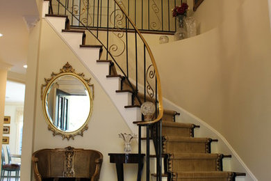 Example of a mid-sized classic ceramic tile entryway design in New York with beige walls and a dark wood front door