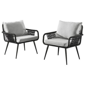 Set of 2 Patio Lounge Chair, Angled Legs With Rope Frame and Cushioned Seat