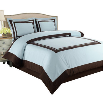 Hotel 100% Cotton Duvet Cover Set, Blue and Chocolate, Full/Queen