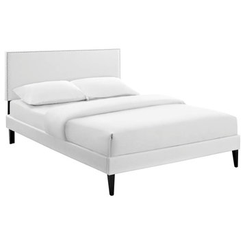 White Macie Full Vinyl Platform Bed with Squared Tapered Legs