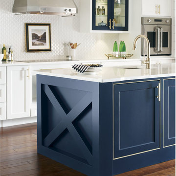 White Kitchen with Striking Blue Island