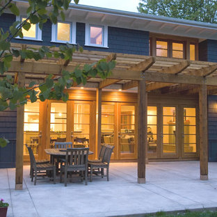 シアトルのコンテンポラリースタイルのおしゃれな家の外観 (木材サイディング、青い外壁、陸屋根、戸建、緑化屋根) の写真