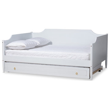 Alya Classic White Finished Wood Full Size Daybed with Roll-Out Trundle Bed
