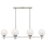 Savoy House - Savoy House 1-4503-6-SN Six Light Linear Chandelier Medina Satin Nickel - The magic of this Savoy House Medina 6-light linear chandelier rests in the orbs of white strie glass that seemto swirl like a crystal ball. Because these orbs are so magical, the rest of the light is subtle and understated. Small baubles of clear glass echo their larger counterparts and the shining satin nickel finish is a true stunner. Perfect for adding beauty to a kitchen island or long dining table. This fixture is 17`` wide, 39`` long and 8.88`` tall. Uses 6 candelabra size bulbs of up to 60 watts each (not included).