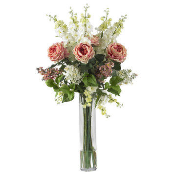 Rose, Delphinium and Lilac Silk Flower Arrangement, Pink