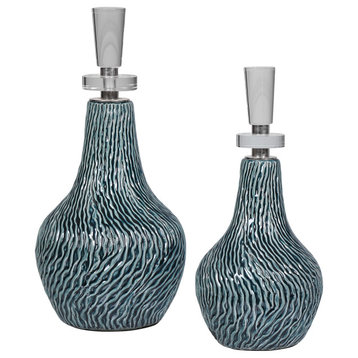 Organic Ribbed Textured Teal Bottles Ceramic Silver Blue Green, 2-Piece Set