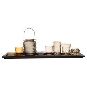 Embossed Glass Tealight/Votive Holders with Black Finish Wood Tray, Set of 9