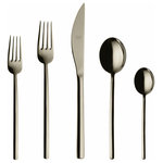 Mepra - Due Flatware Set, Champagne, 5 Pcs. - The Due collection by Mepra is flatware that exudes luxury as a lifestyle. Its cool, minimal, style is inspired by influential designers like Angelo Mangiarotti and exalted through generations of tradition, technique and superb materials. They're quite practical, too. The metal undergoes a titanium-based molecular embedding process that makes for dishwasher-safe utensils that won't corrode, oxidize or stain.