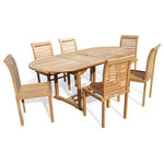 Windsor Teak Furniture - Grade A Teak, 82", Oval Extension Table , 6 Designer Stacking Chairs - The Buckingham 82"x 39"Double Leaf Oval Extension Table W/6 Casa Blanca Armless Stacking Chairs. The table is 58" when closed, 70" with one leaf open , and 82" with both leafs open...giving you 3 different size tables. The table is designed with built-in butterfly pop-up leafs that enables you to open or close the table in 15 seconds. The table also comes with cap covered umbrella hole and a built-in umbrella base. The stylish Casa Blanca chairs are very popular with a "designer look" .... extremely comfortable with the contoured seats and very practical since they stack for easy storage.  Some assembly w/ table. Shipped via truck.