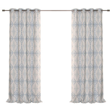 Damask Medallion Linen Blend Blackout Curtain, Blue, 52"x84"