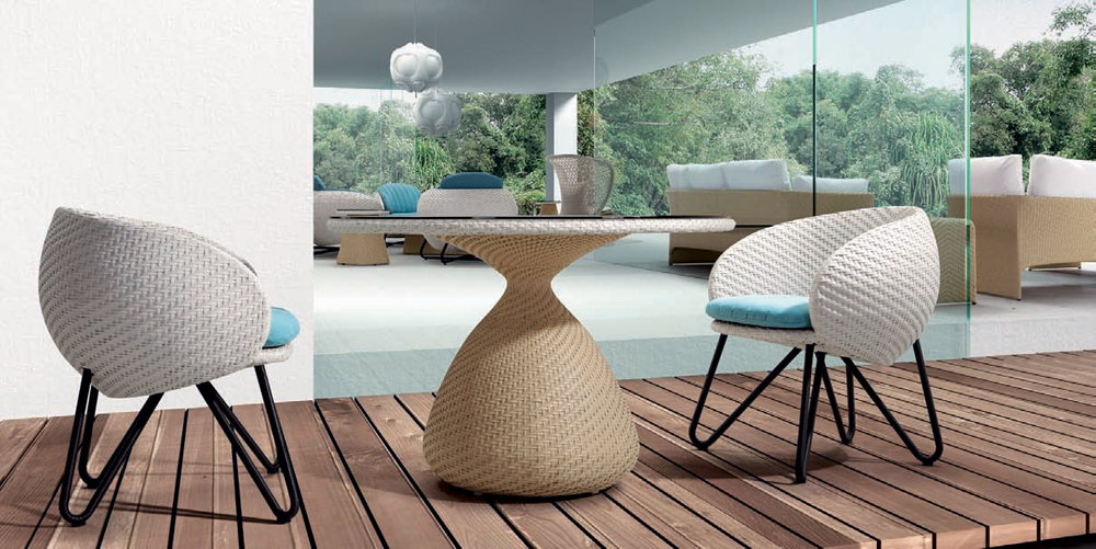 Tan Circle Dining Chair, Yellow and White Cushion