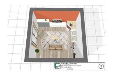 Inspiration pour un petit salon nordique ouvert avec un mur orange, sol en stratifié, un téléviseur indépendant et un sol gris.