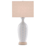 Currey & Company - Saraband Table Lamp - The elongated vase shape of the Saraband Table Lamp has been ornamented with a pattern that brings it an elemental freshness. The body, which sits atop a wood base, is made of ceramic in sky-blue and cream reactive glazes. The cream lamp is topped with an off-white shantung shade fastened into place with an optic crystal finial.