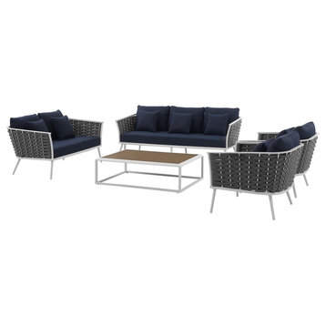 Modern Outdoor Lounge Chair, Sofa and Table Set, Fabric Aluminium, White Navy