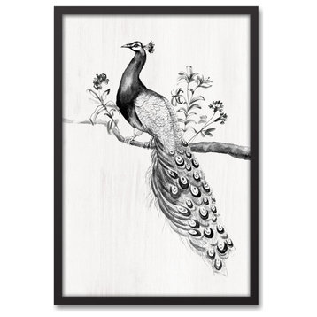 Perching Peacock 21.73 x 31.73 Black Framed Canvas