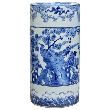 Oriental Blue and White Porcelain Umbrella Stand Bird Motif 18"