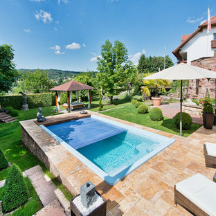 フランクフルトの小さい長方形アジアンスタイルのおしゃれなプール (天然石敷き) の写真