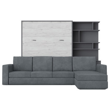 INVENTO Vertical Wall Bed with Sofa and Bookcase, Bed - Slate Grey/White Monaco; Sofa - Grey