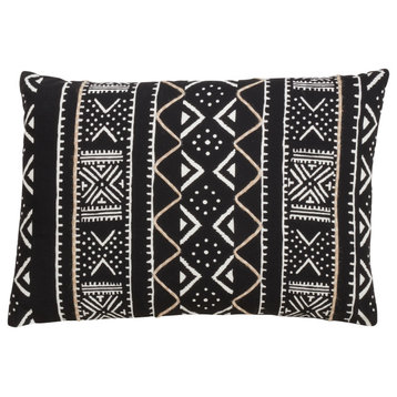Poly Filled Mud Cloth Throw Pillow, 14"x20", Black