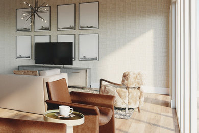 Modelo de salón tipo loft y abovedado minimalista grande con paredes beige, suelo de madera clara y papel pintado