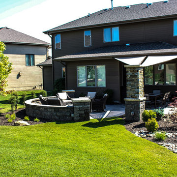 Cozy Patio and Fire Pit Landscape with Healthy Grass and Custom Softscapes and T