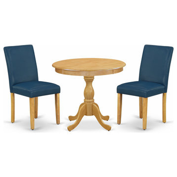 3 Pc Dining Set, 1 Wood Table, 2 Oasis Blue Pu Leather Chairs, Oak Finish