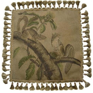 Aubusson Throw Pillow 20"x20" Squirrels in Tree  Handwoven Wool