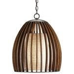 Currey & Company - 9099 Carling Pendant, Old Iron and Polished Fruitwood - The dome-shaped Carling Pendant flaunts a mid-century modern aesthetic. The cage of its body is made of softly curved vertical slats in a gleaming polished fruitwood finish. The wood pendant envelopes a rustic but stylish putty burlap diffuser that softens the fixture's glow.