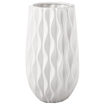 Ceramic Vase with Embossed Wave Column Pattern Design Matte White Finish, Small