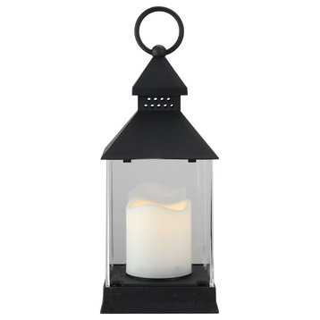 9.5" Black Candle Lantern With Flameless LED Candle