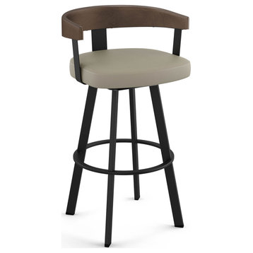 Amisco Lars Counter and Bar Stool, Greige Faux Leather / Brown Wood / Black Metal, Bar Height