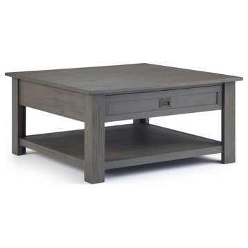Monroe Solid Acacia Wood 38" Wide Square Rustic Coffee Table In Farmhouse Grey