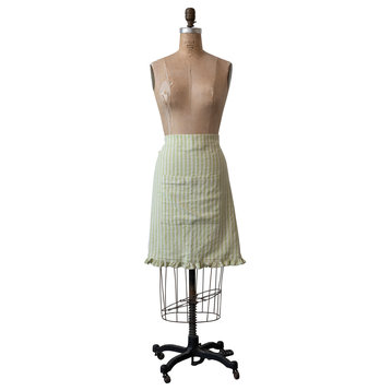 Striped Cotton Half Apron With Ruffle, Natural and Green