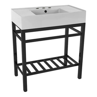 Modern Ceramic Console Sink With Counter Space and Matte Black Base ...