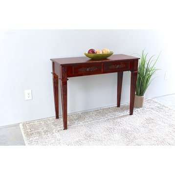 Windsor Carved Wood Two Drawer Rectangular Console Table, Walnut