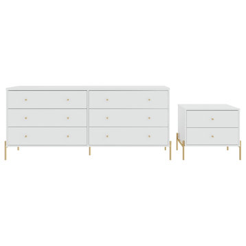 Jasper Full Extension Double Wide Dresser and Nightstand Set of 2, White Gloss