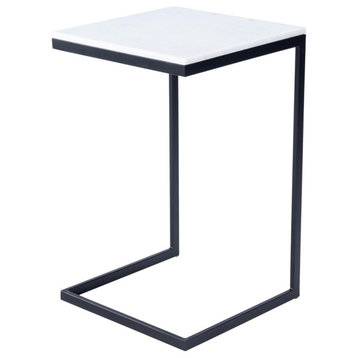 Modern End Table, Elegant Design With Black Metal Base & Faux Marble Top, White